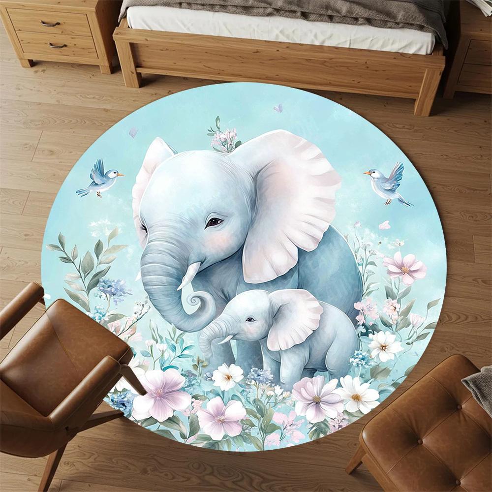 1PC Elephant Family Flowers Office Round Area Rug, Under Office Chairs Bedroom Living Room Home Decor, Carpet for Office -1110080