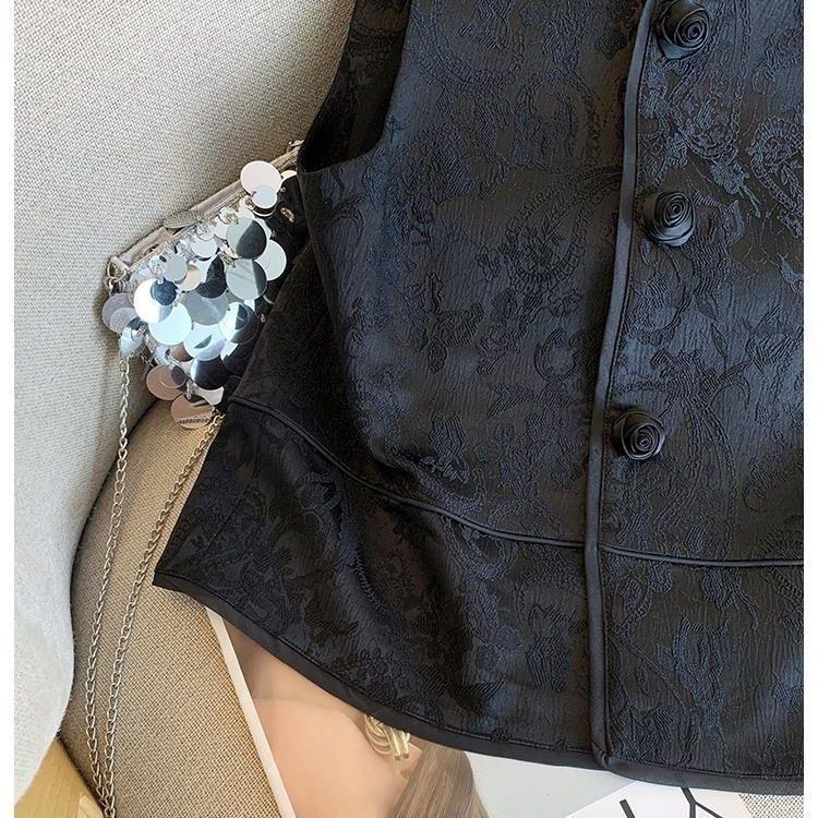 Vintage Chinese Jacquard Vest Jacket Women Spring Summer Rose Button Sleeveless Waistcoat Chic Female Top