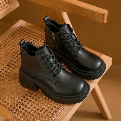 Frühling und Herbst Neue Damen Martin Stiefel mit dicker Sohle Mode Runder Kopf Retro Mittlerer Absatz Dicker Absatz Seitlicher Reißverschluss Kurze Stiefel für Damen