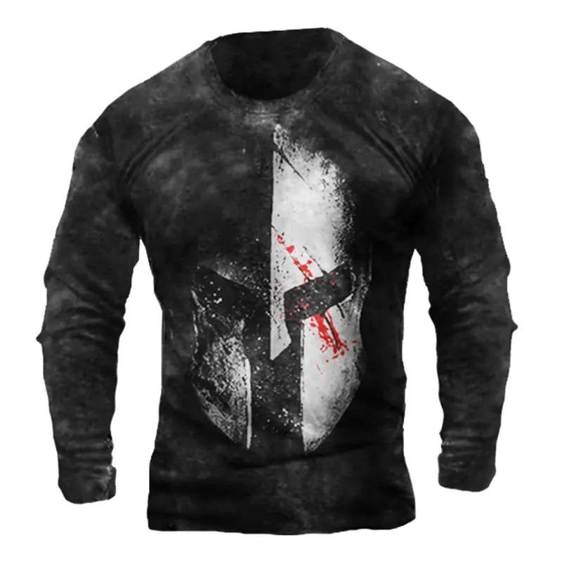 

Templar Knight Print Retro Fashion Casual Men s Round Neck Long Sleeve Street Hip Hop Extra Large Speed Drying Wearing T-shirt 2XL