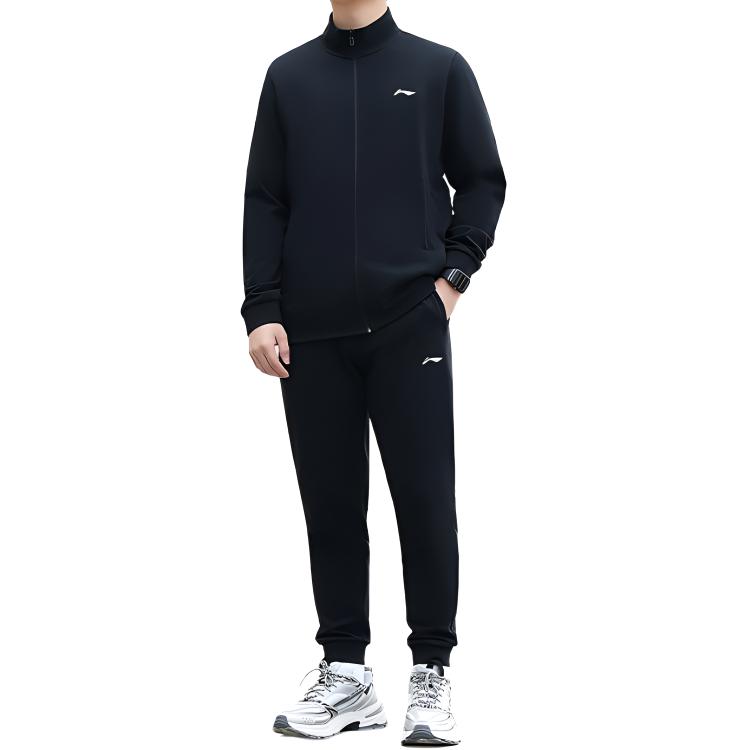Li Ning Sports Lifestyle Series Stand Collar Cardigan Long Sleeve Top Solid Color Cuffed Pants Casual Sports Suit Men Suit Black AWET029-1