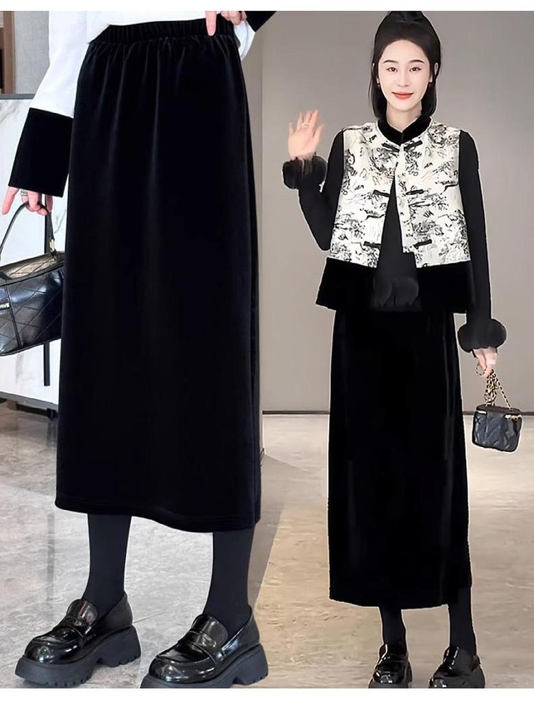 Women's Black Gold Velvet High Waist Slit Skirt - Elegant Mid-Length Tube for Spring/Autumn 2026