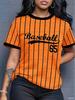 Women's Baseball Striped Print Crew Neck Short Sleeve T-Shirt, Summer Pattern T-Shirt, Sports T-Shirt