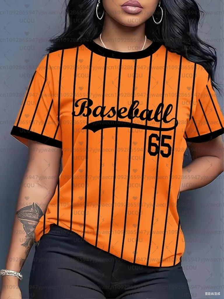 Women's Baseball Striped Print Crew Neck Short Sleeve T-Shirt, Summer Pattern T-Shirt, Sports T-Shirt