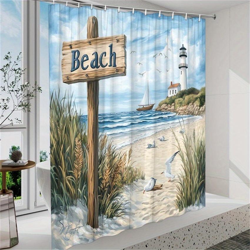 1Pc Coastal Beach Scene Shower Curtain - Polyester, Ocean View With Lighthouse, Seagulls & Sandy Beach Design, Includes 12 Hooks