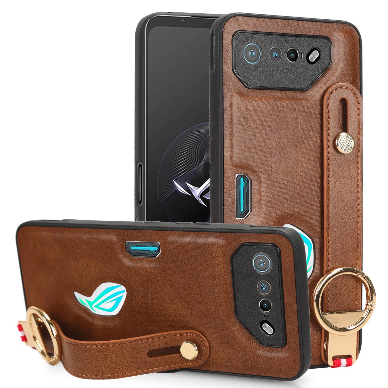 

For Asus ROG Phone 7 5G Wristband Kickstand Phone Case PU Leather Coated PC+TPU Cover with Bottle Opener Brown