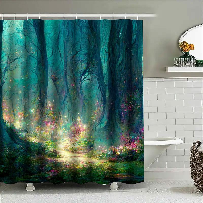 Mystic Forest Shower Curtain Magical Garden Pathway Decorative Bath Mats Greenery Wall Hanging Art For Bathroom (180X175Cm)