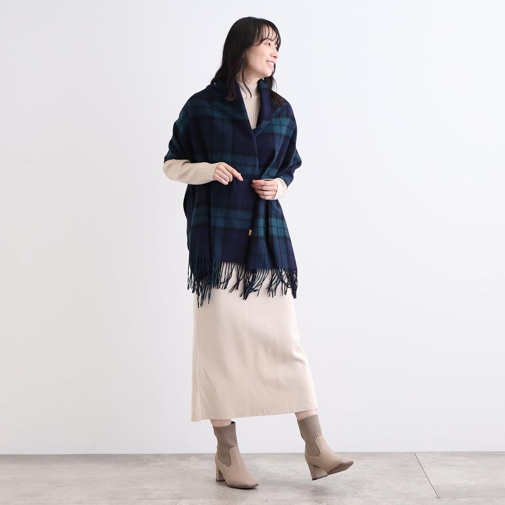 Moonbat miel Cashmere Cashmere Check 60cm Wide x 190cm Warm for Gift for Cashmere Navy 100% Scarf, Women's, Washable, Large, Thick, Stole, Pattern,