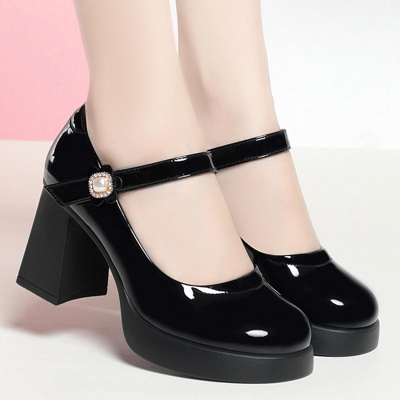 College Style Thick Sole Waterproof Platform Sweet Shoes Thick Heel Women One-word Buckle High-heeled Soft Leather Shoes