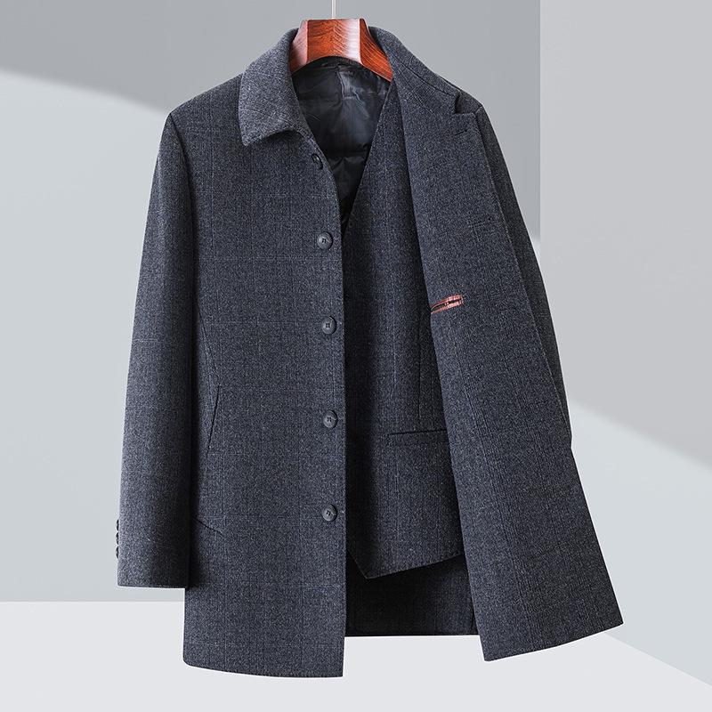 Men's Double-Faced Wool Blend Mid-Length Coat - Business Casual Down Jacket for Middle-Aged Dads