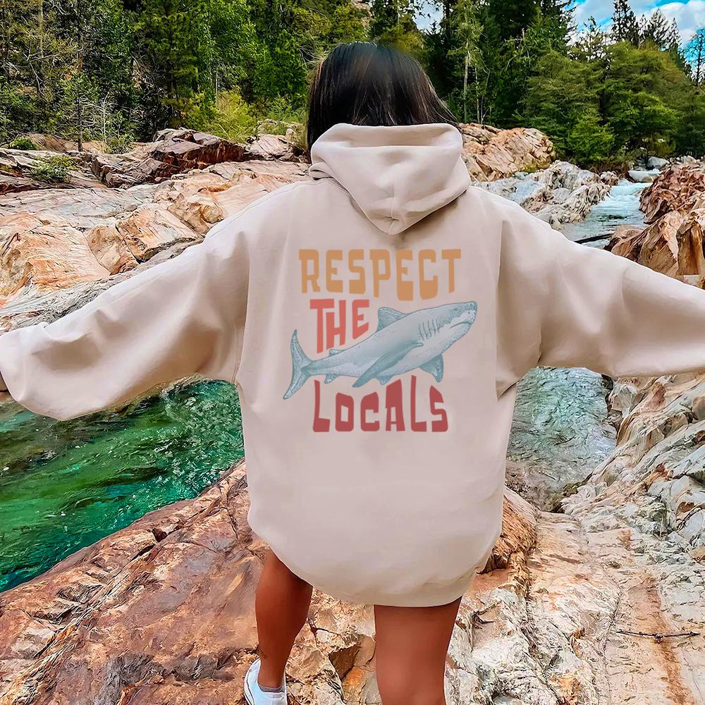 Respect The Local Hoodie Local Surf Hooded Sweatshirt Beach Bum Shark Graphic Pullover Vintage Ocean Conservation Beach Hoodies