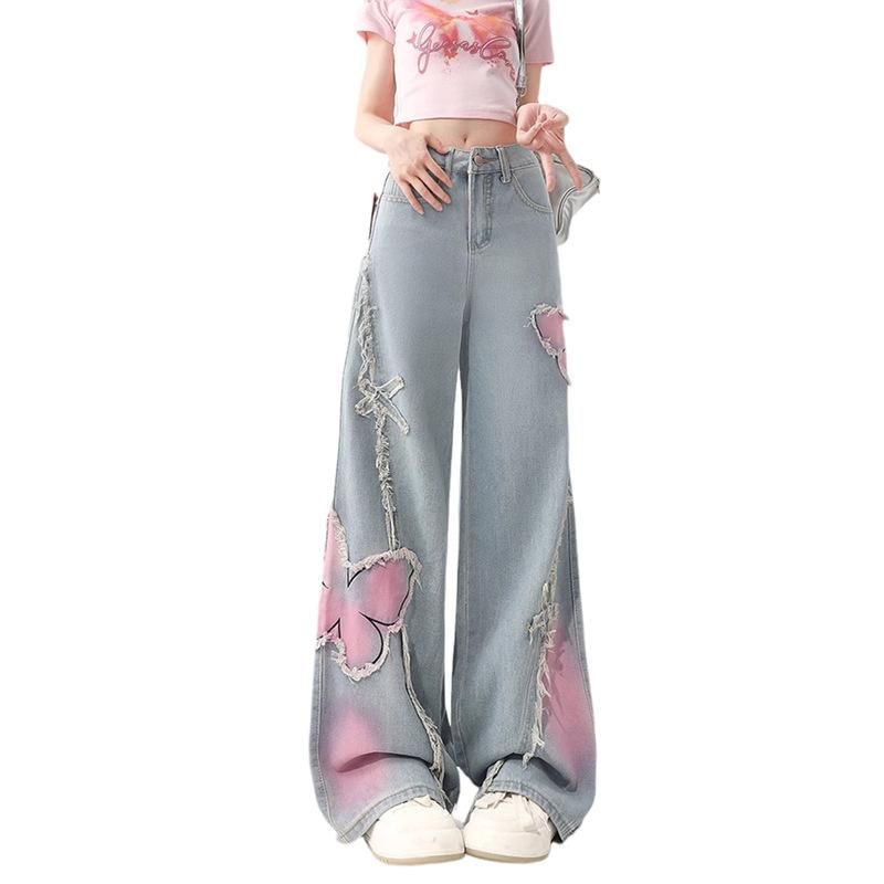 American Embroidered Butterfly Smudged Wide-leg Jeans Women's Spring and Autumn Straight-leg Pants
