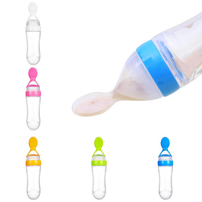 Buy 1PC Newborn Squeeze Feeder Silicone With Spoon Baby Food Feeding Bottle 90ML Safe at