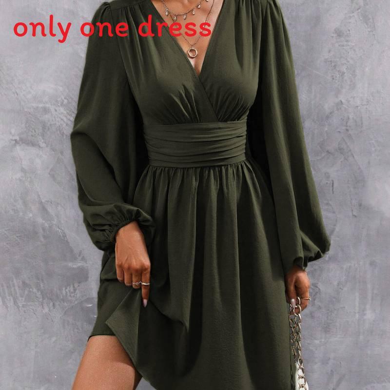 Polyester Vneck Lantern Sleeve Dress With Pleats For Casual And Party Wear