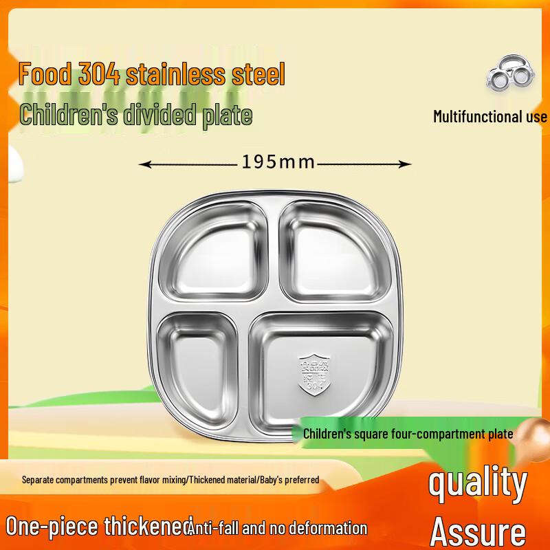 Jiwanggu Kids Stainless Steel Compartment Meal Tray 304 SS, 19.5x19.5x4cm