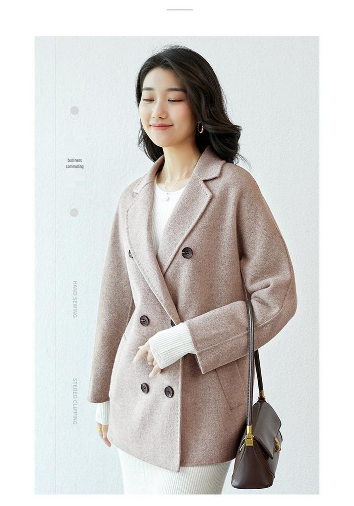 Women's Double-Breasted Wool Coat with Suit Collar - Korean Loose Slimming Style