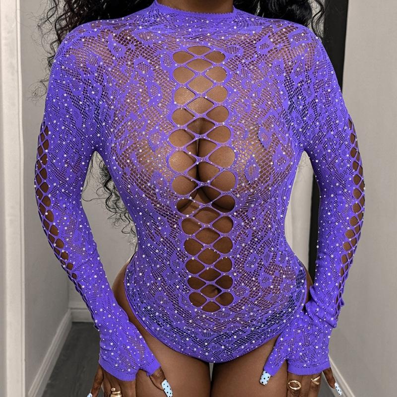 Women Rhinestones Fishnet 3/4 Sleeve Bodysuit Sparkling Mesh Cold Shoulder Lingerie Jumpsuit Top Rave Party Outfits