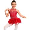 Kids Latin Dance Costume Glittery Rhinestone Feather Leotard Sleeveless Backless Mesh Patchwork Bodysuit for Competition Recital