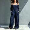 Women's One-Shoulder Color-Block Suspender Jumpsuit with Pockets, Loose Fit Wide Leg Floor-Length