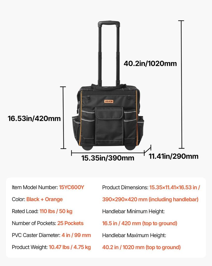 Rollende Werkzeugtasche 25 Taschen Robuste Rollende Werkzeugtasche auf Rädern