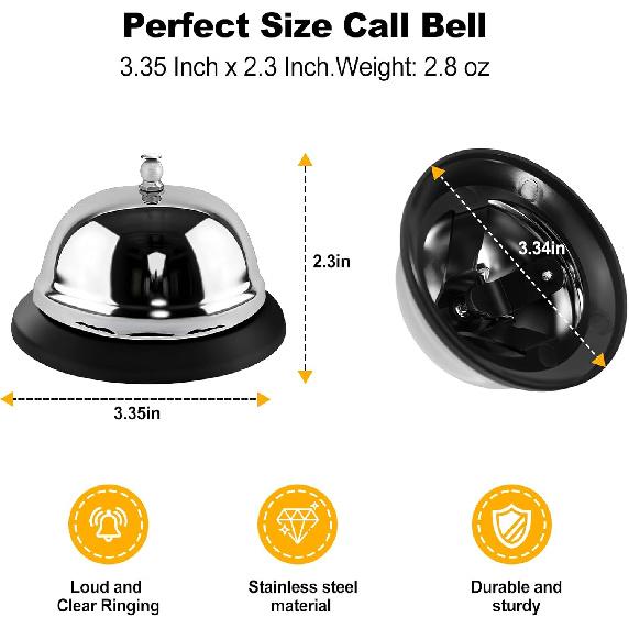 Call Bell for Desk - 2 Pack 3.3 Inch Service Bell, Gleaming Silver Anti-Rust Metal Construction for Hotel Counter/Office Reception, School Restaurant