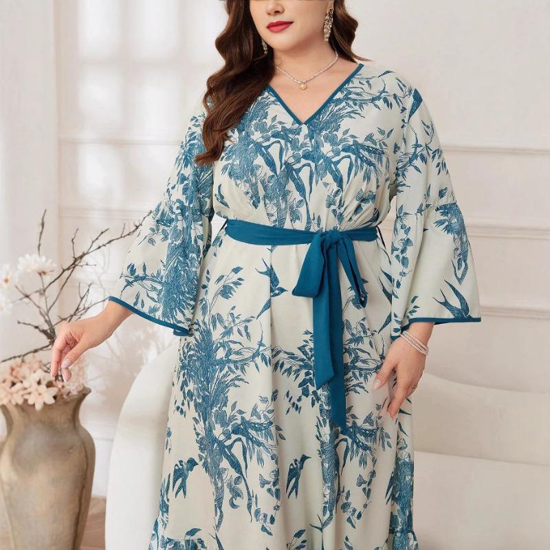 Plus Size Women's Autumn New Fashion Print Temperament Commuter V Neck Swing Mid Length Dress