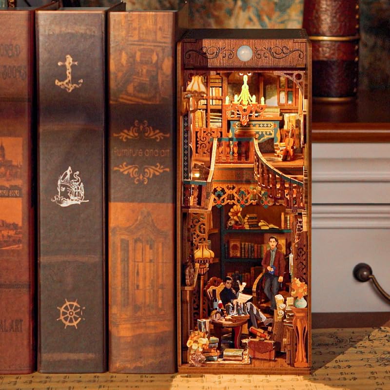 Tonecheer Book Nook Kit 3D Puzzle 3D DIY Miniature Dollhouse Kit Wooden Bookshelf Decoration Handmade Kit Popular Birthday Gift for Beginners and