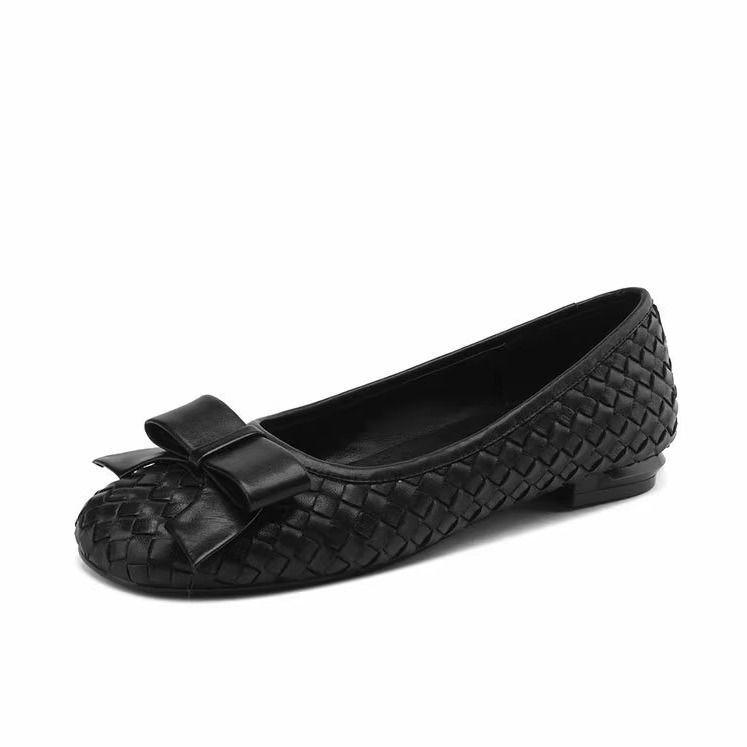 Spring and autumn leather light mouth woven bow grandma shoes women's autumn new round head flat bottom one pedal single shoes