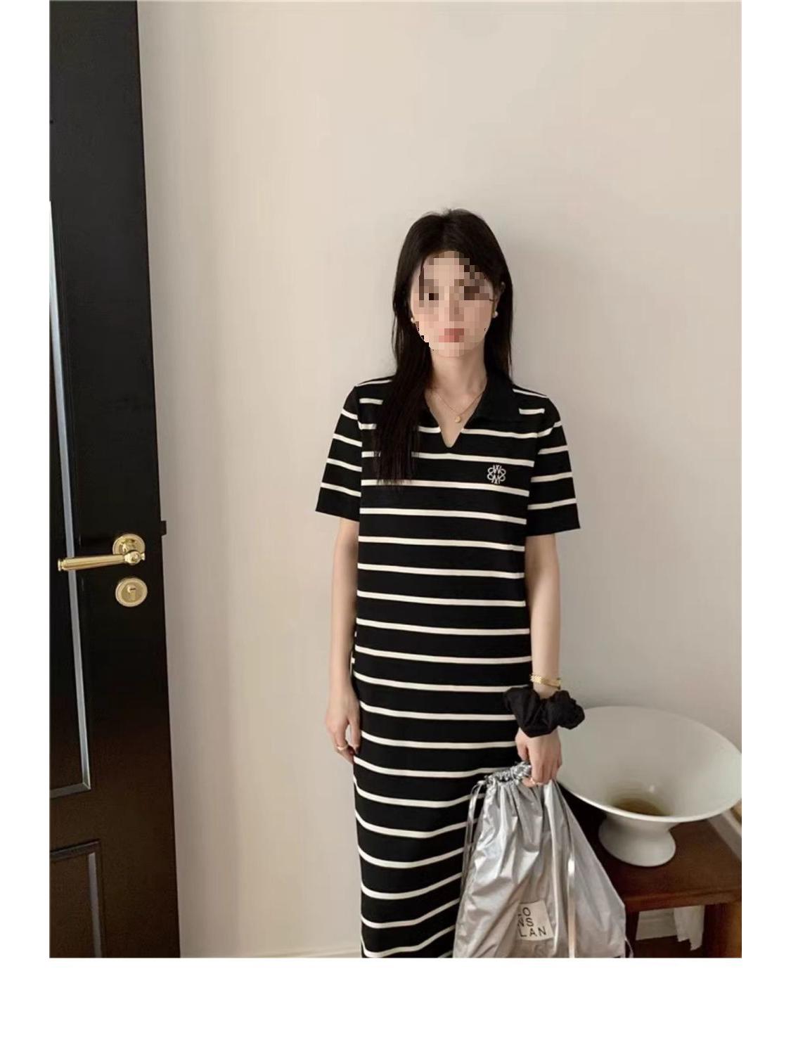 

Женское летнее французское поло-платье в полоску - с коротким рукавом, вышитое, вязаное, стильное свободного кроя, нишевый дизайн H-силуэта, новинка One Size