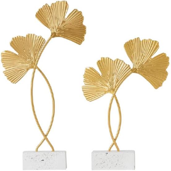Cabilock 2Pcs Golden Gingko Leaf Statue Gold Leaf Metal Sculpture Metal Iron Leaf Sculpture Figurine Table Home Decoration with Wood Base for Bedroom