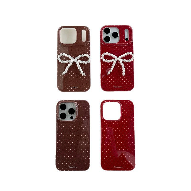 iPhone 17/16 Pro Max/15/14 Case: Korean Polka Dot 3D Pearl Bow for Women