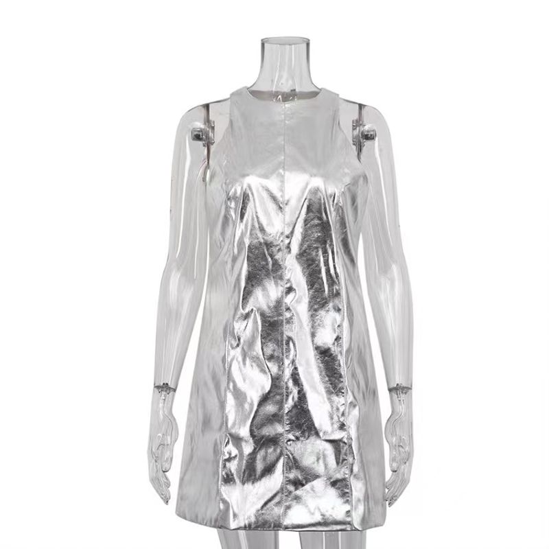 

Fashion Summer Women s Clothing New Reflective Pu Sexy Sleeveless Short Dress Sexy Pu Short Dress Silver L
