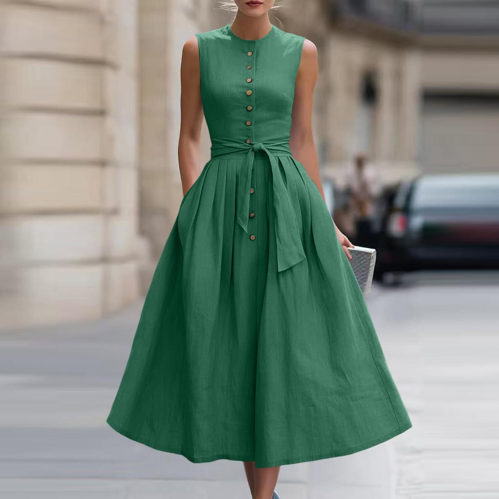 Abito midi da donna senza maniche con bottoni frontali in misto cotone e lino con cintura in vita e tasche, vestibilità classica per l'uso quotidiano