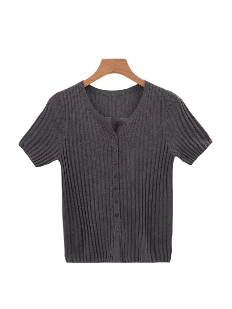 Summer Women's Tencel Lyocell Striped Cardigan Scissor Collar Knit Top