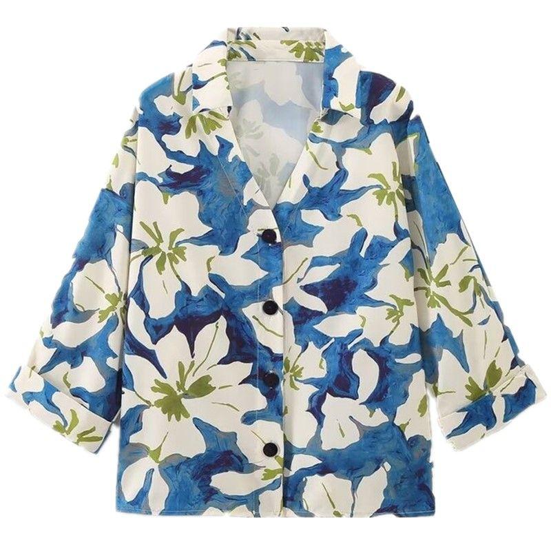 

Fashion Style 2024 Spring New Women s Clothing Refined Stylish and Versatile Long Sleeves Flower Print Shirt 2878185 Blue L