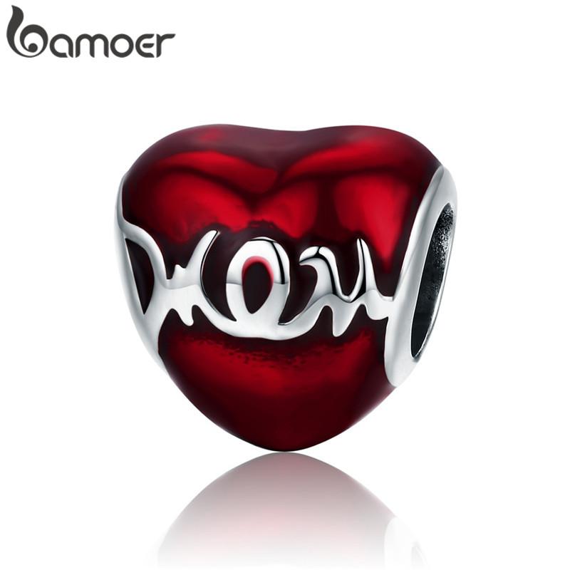 BAMOER New Arrival 100% 925 Silver Love Heart ECG & Red Enamel Beads Fit Charm Bracelets for Women Jewelry Gift SCC249