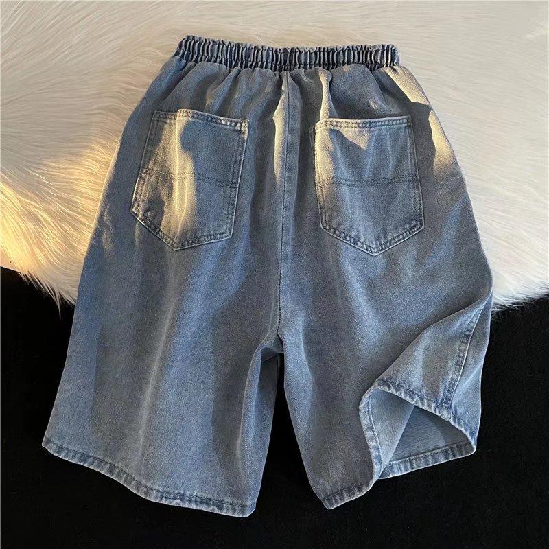 Japońskie Vintage Szorty Jeansowe do Prania Męskie Letnie Luźny Krój Szeroka Nogawka Spodnie Plażowe Sportowe Casualowe Szorty Średniej Długości
