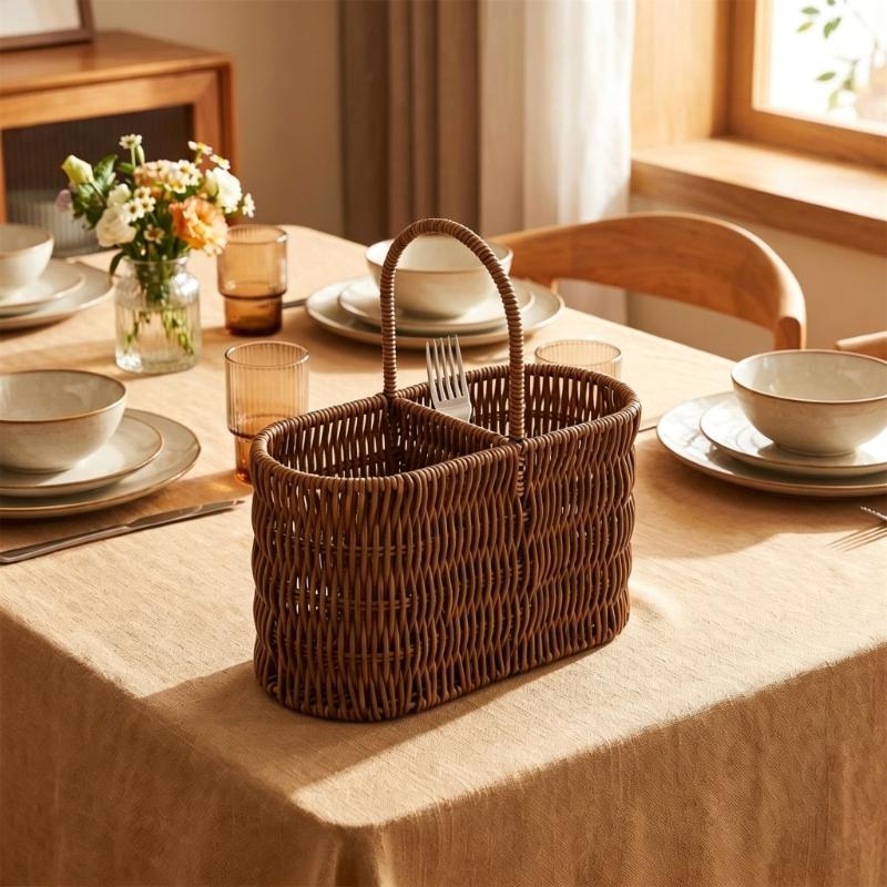 Portable Tableware Basket with Top Handle, Artificial Wicker PE Flatware Holder for Dining Table Service, Counter Storage, and Outdoor Meals