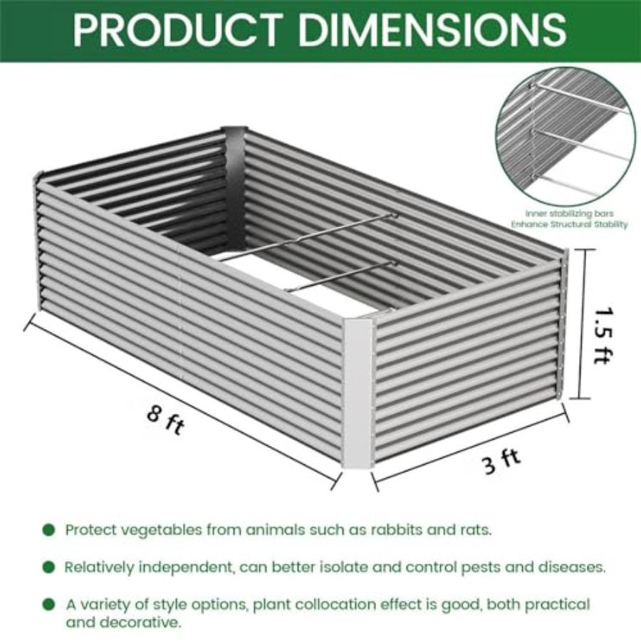 2pcs Tall 8x3x1.5ft Galvanized Raised Garden Bed Outdoor Steel Garden Bed for Vegetables Above Ground Garden Box for Flowers Me