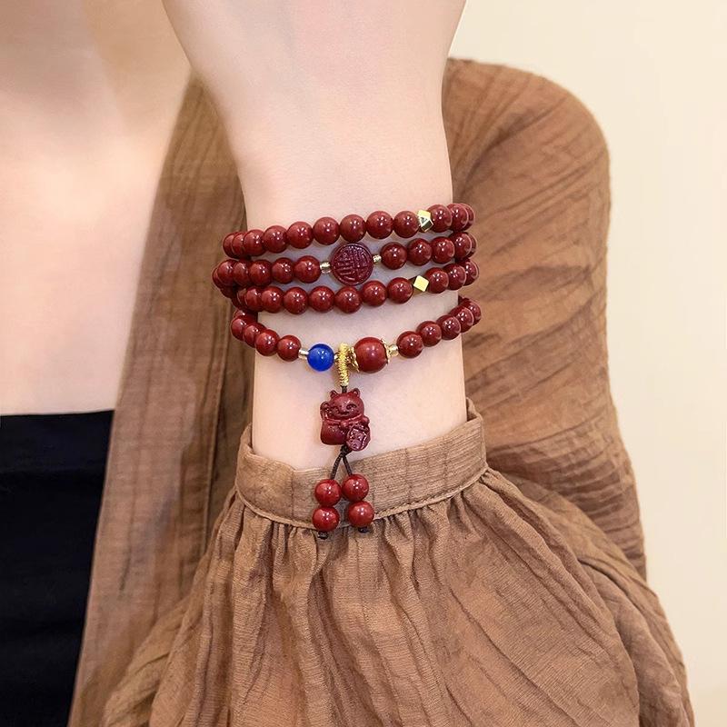 

Multi-layered gourd-shaped cinnabar bracelet with the character Fu for women, light luxury niche exquisite beaded bracelet, vintage necklace, Fortune Cat Cinnabar Brac