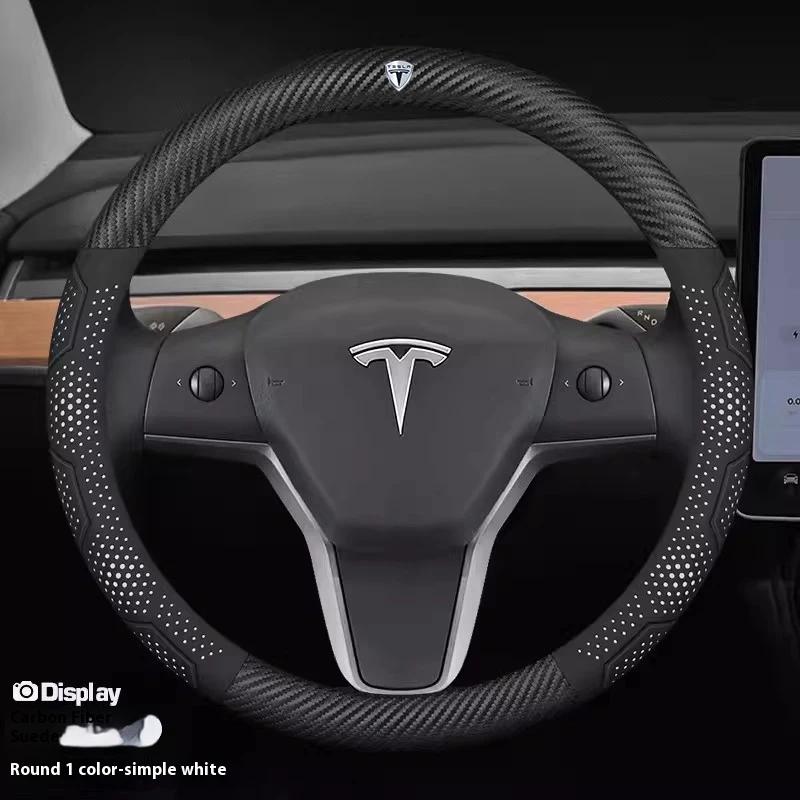 ALM1 Tesla Model 3 Y S Model X Roadster Car Carbon Fiber Suede Leather Anti-slip Breathable Car Steering Wheel Cover Auto Accessories