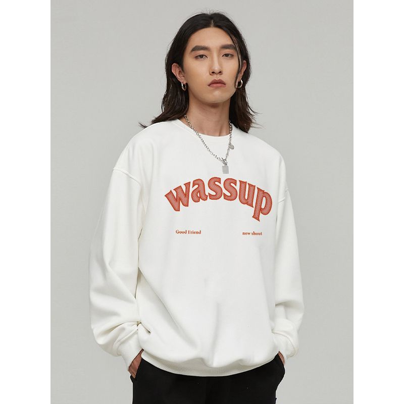 Wassup Heods Heavyweight Sweatshirt for Men, Fleece-Lined, American High Street Fashion Brand, Autumn and Winter Couple Style, Crew Neck Pullover Top
