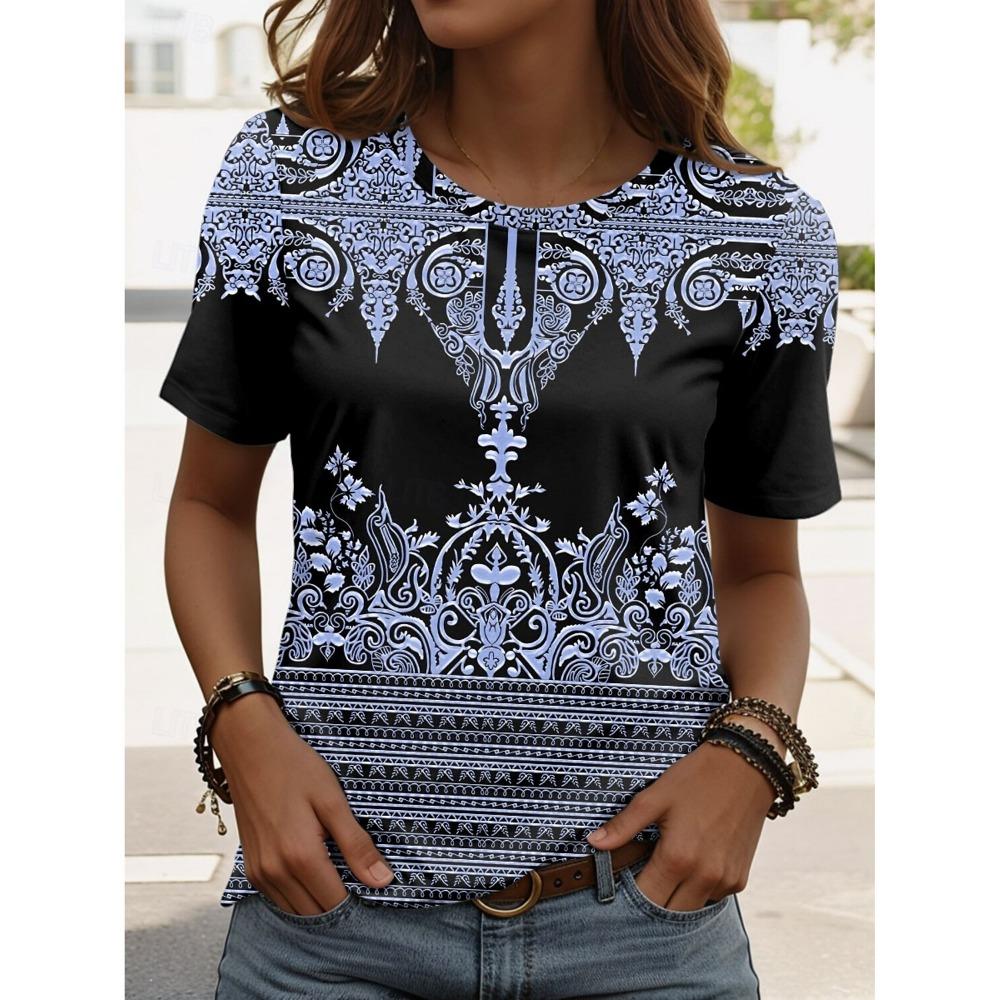 Summer Women's Floral Graphic Paisley T Shirt Fashion Stylish Classic Short Sleeve Crew Neck Tees Round Neck Regular Tops