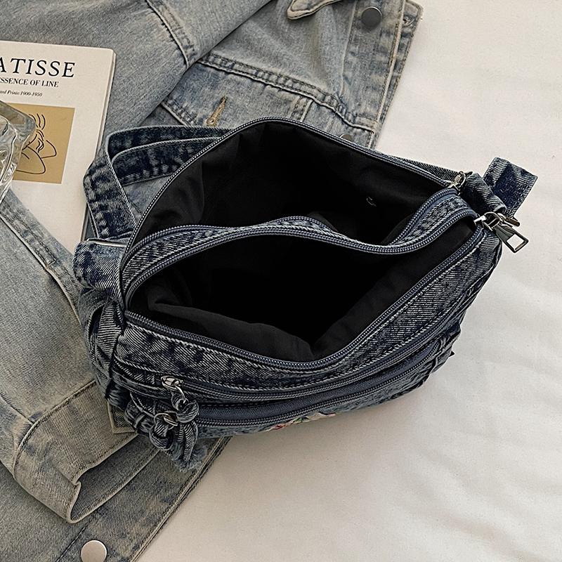 Multi-layer Denim Bag Vintage Shoulder Bag Women's Embroidered Crossbody Bag