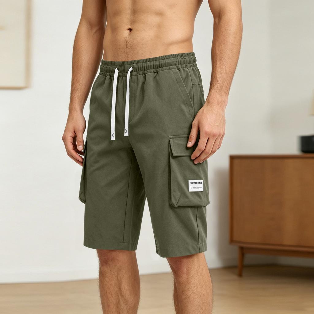 Men's Lightweight Cargo Shorts Elastic Waistband Drawstring Closure Loose Fit Straight Leg Multi Pocket Utility Shorts for Outdoor Activities