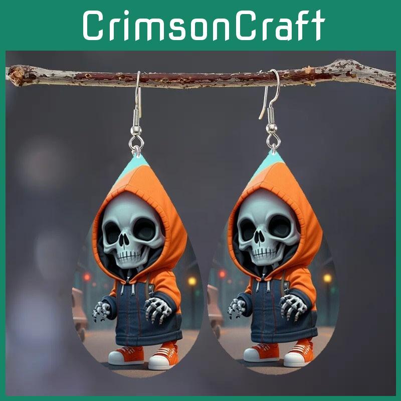 Halloween Themed Hooded Jacket Skull Pattern Droplet Shaped Acrylic Earrings For Gothic Fashion Festival Gift