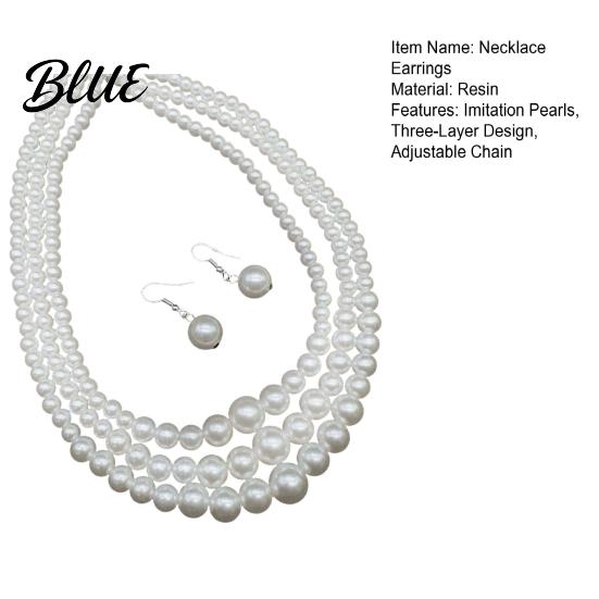 Women Necklace Earrings Set 2Pcs/Set Jewelry Gift Three-Layer Imitation Pearl