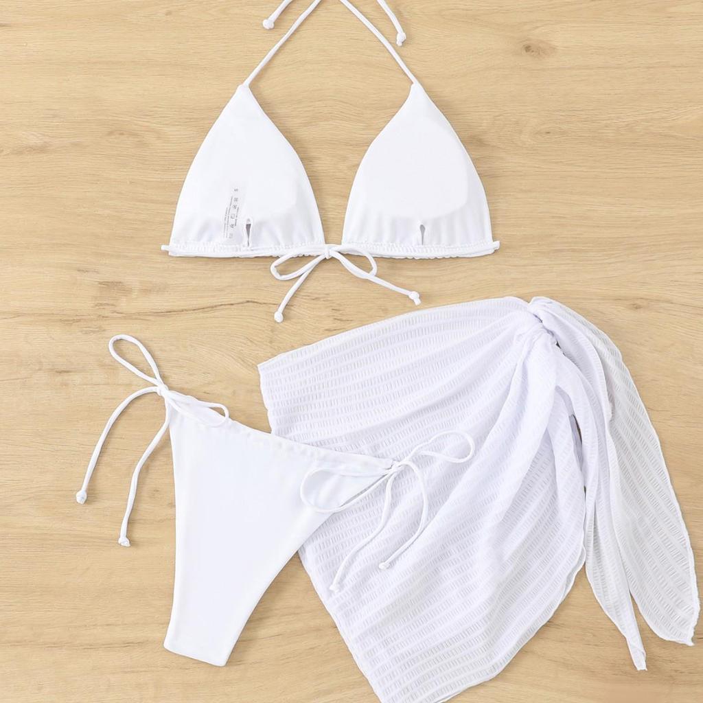 Sleek Solid Color Three-Piece Bikini Set - Women's Sexy, Tight, Backless Swimsuit