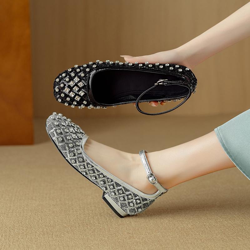 Fashion Women's new spring and summer round toe leather cowhide, Czech diamond elastic band, low heel comfortable casual single shoe