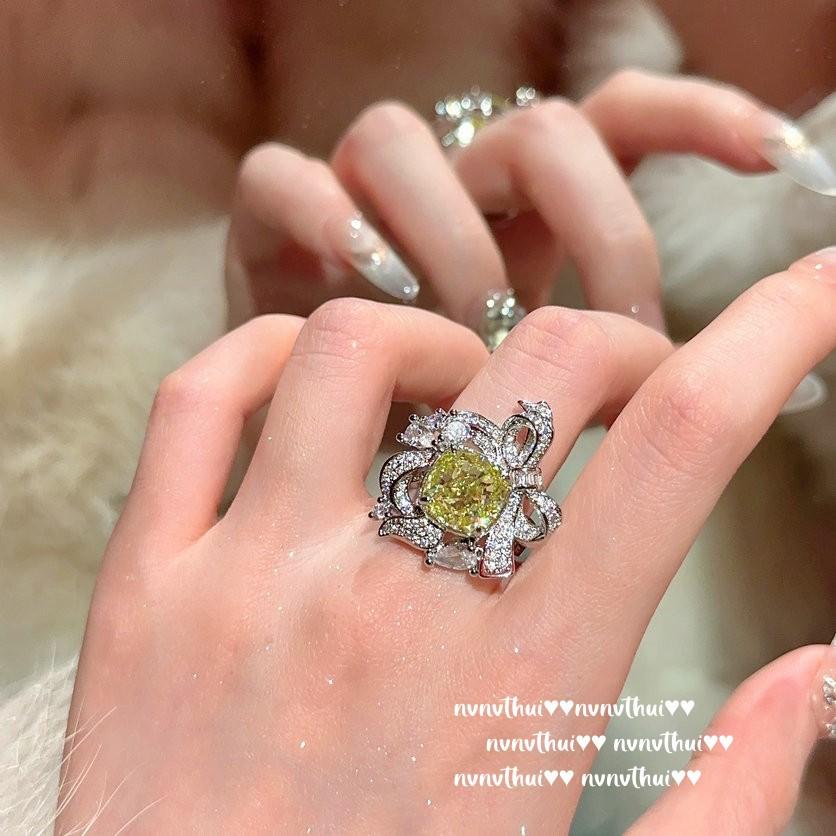Papalacha Cinnamon Gem Bow Ring, Meimei Da, Plated 18K Gold, Mint Green Fat Square Zircon Ring